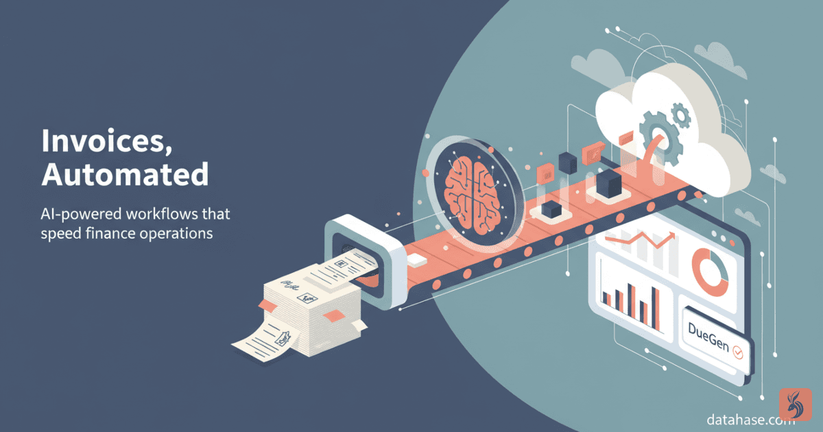 Illustrated scene of paper invoices transforming into digital data packets moving through an AI-powered pipeline into a cloud dashboard, representing automated invoice processing and streamlined financial workflows.