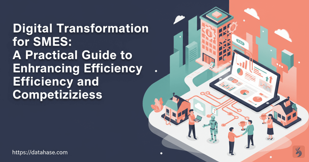 Diverse SME team collaborating with laptops and holographic icons (cloud, AI, automation) over a rising chart, symbolizing digital transformation.