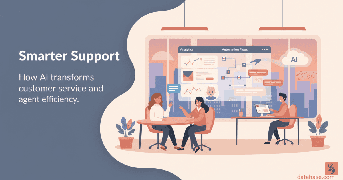 Illustration of customer service agents collaborating with AI virtual assistants and chatbots, with chat bubbles, analytics dashboard panels, and automation flow icons to show faster, smarter support.