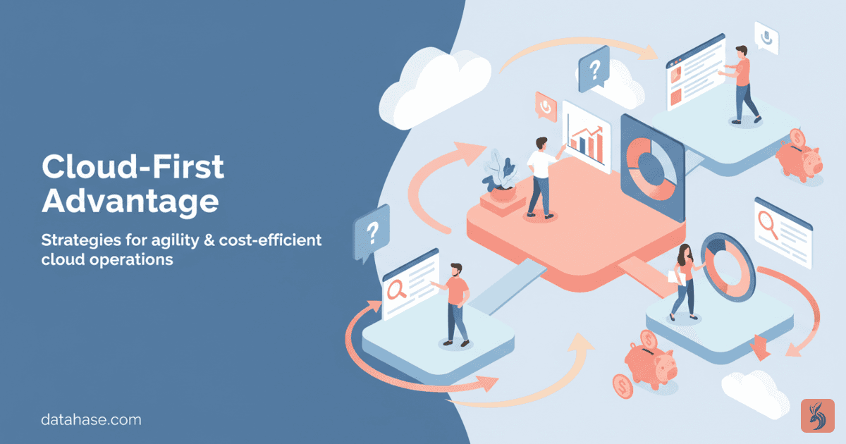 Illustrated cloud platform acting as a hub for search and analytics: dashboards, SERP cards, question bubbles and business users collaborating to drive agility and cost savings.