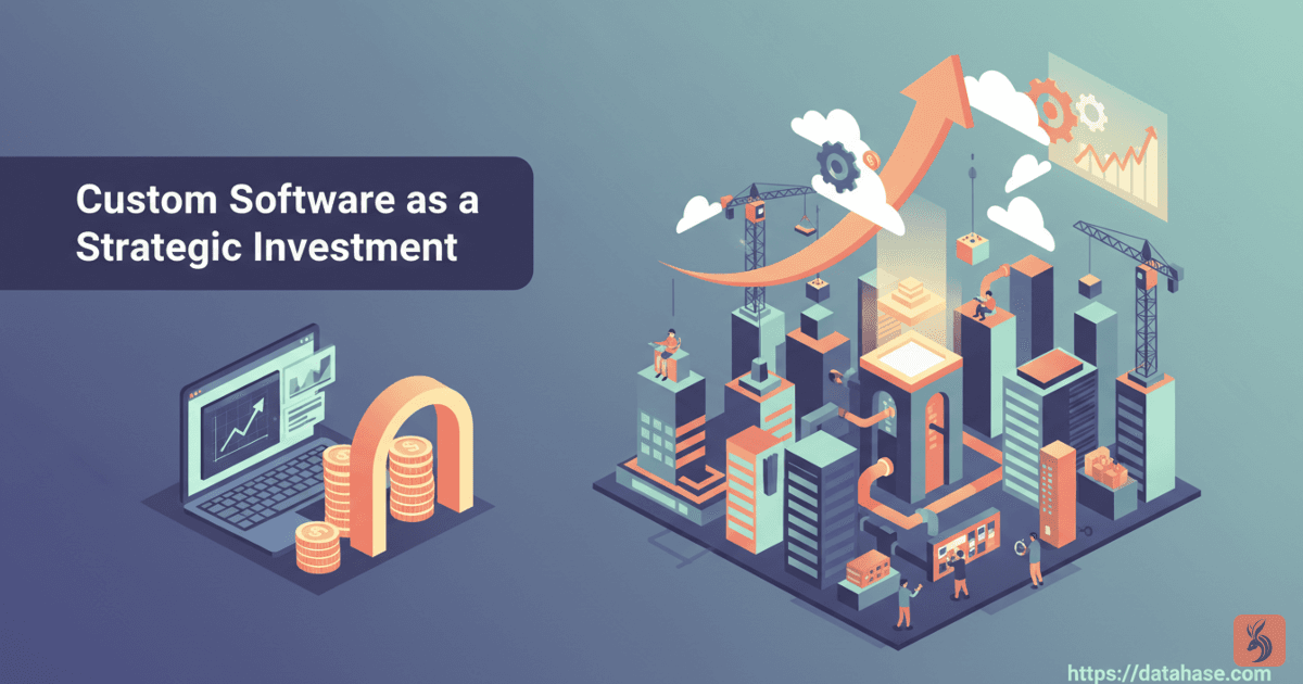 Leadership team reviewing a touchscreen comparison of off‑the‑shelf vs custom software with rising ROI visuals and charts in a modern office.