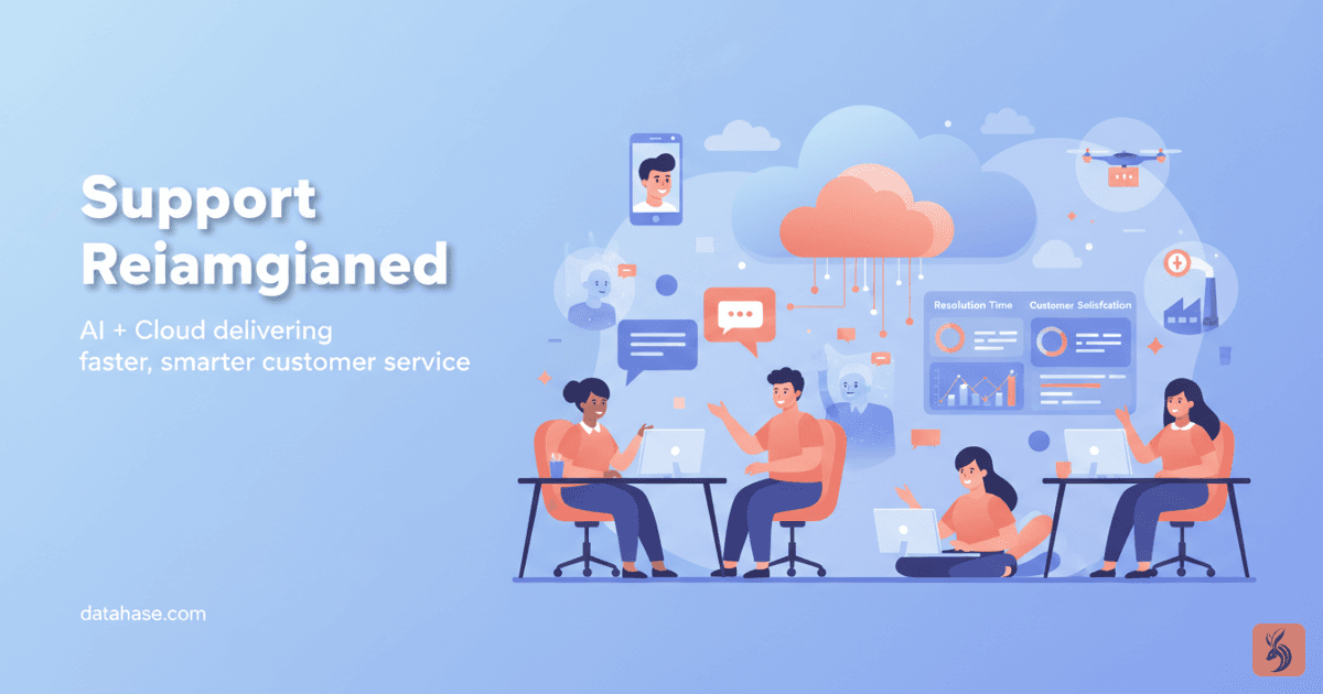 Illustrated cloud-powered customer service scene where human agents and AI avatars collaborate beneath a stylized cloud, with chat bubbles, analytics dashboards, and flowing data lines that convey faster responses and improved customer satisfaction.